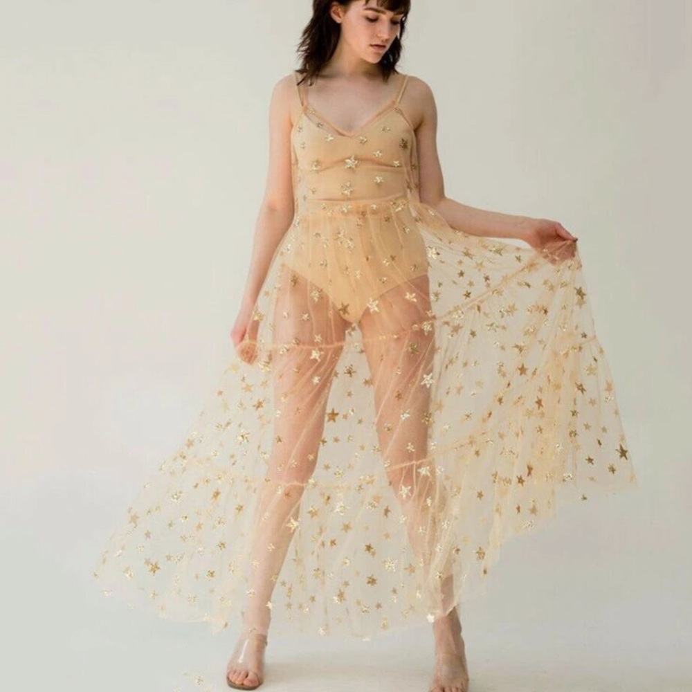 Fairy dress mesh star glitter transparent sexy princess tank long maxi